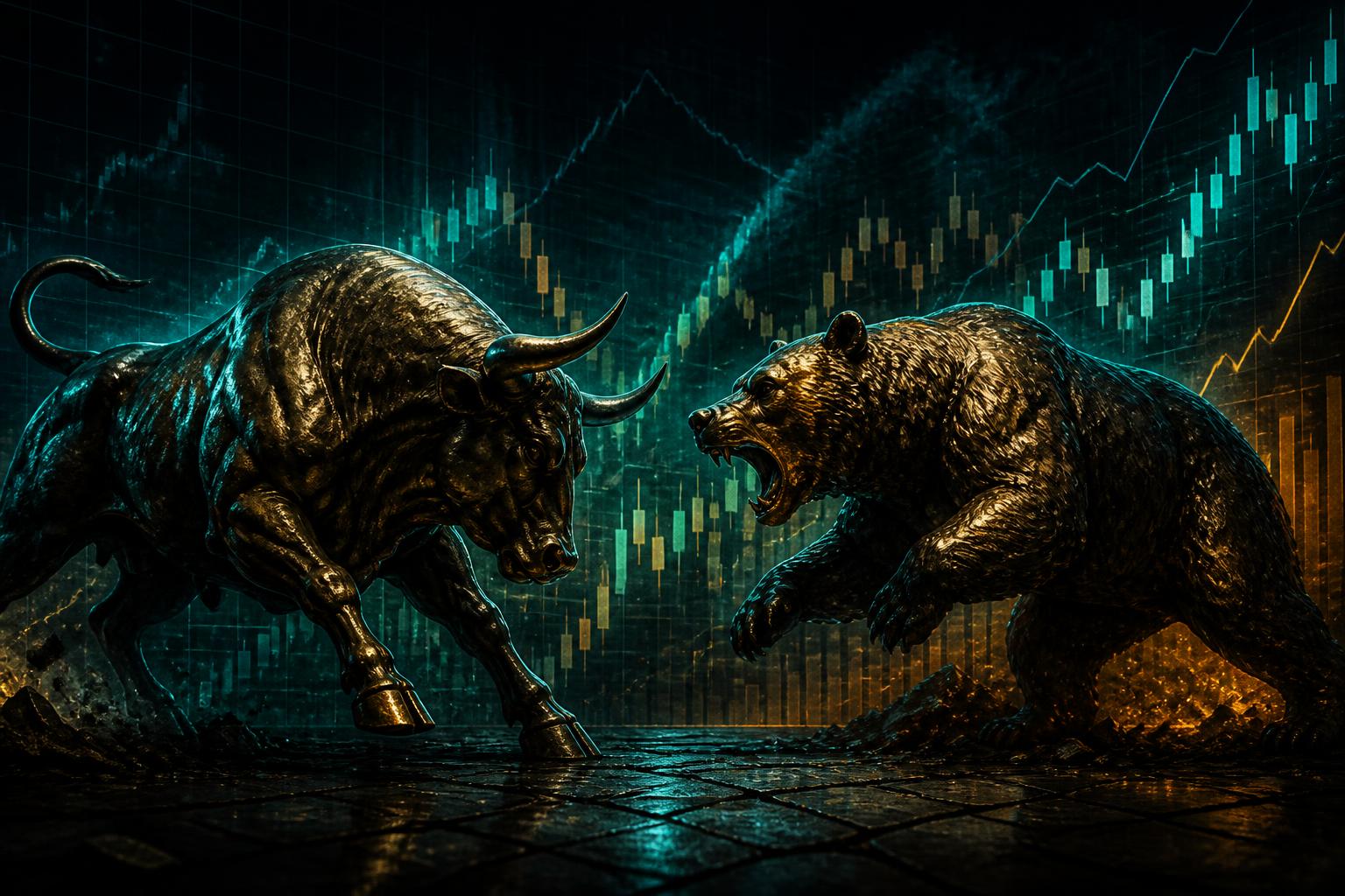 Touro e urso do mercado financeiro frente a frente sobre gráficos de candles